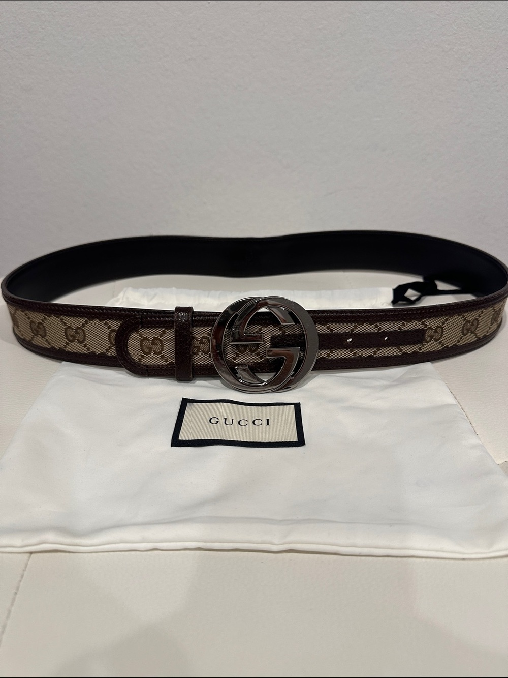 Gucci Brown GG Canvas Belt with Silver Double G Buckle